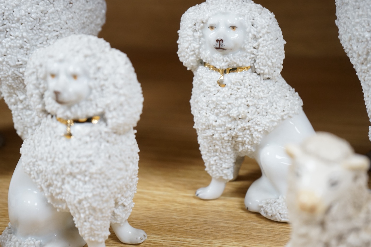 A pair of Continental porcelain models of Poodles a similar smaller pair and a pair of late Staffordshire sheep. Large poodles 23cm high. Condition - one leg on large Poodle broken and reglued